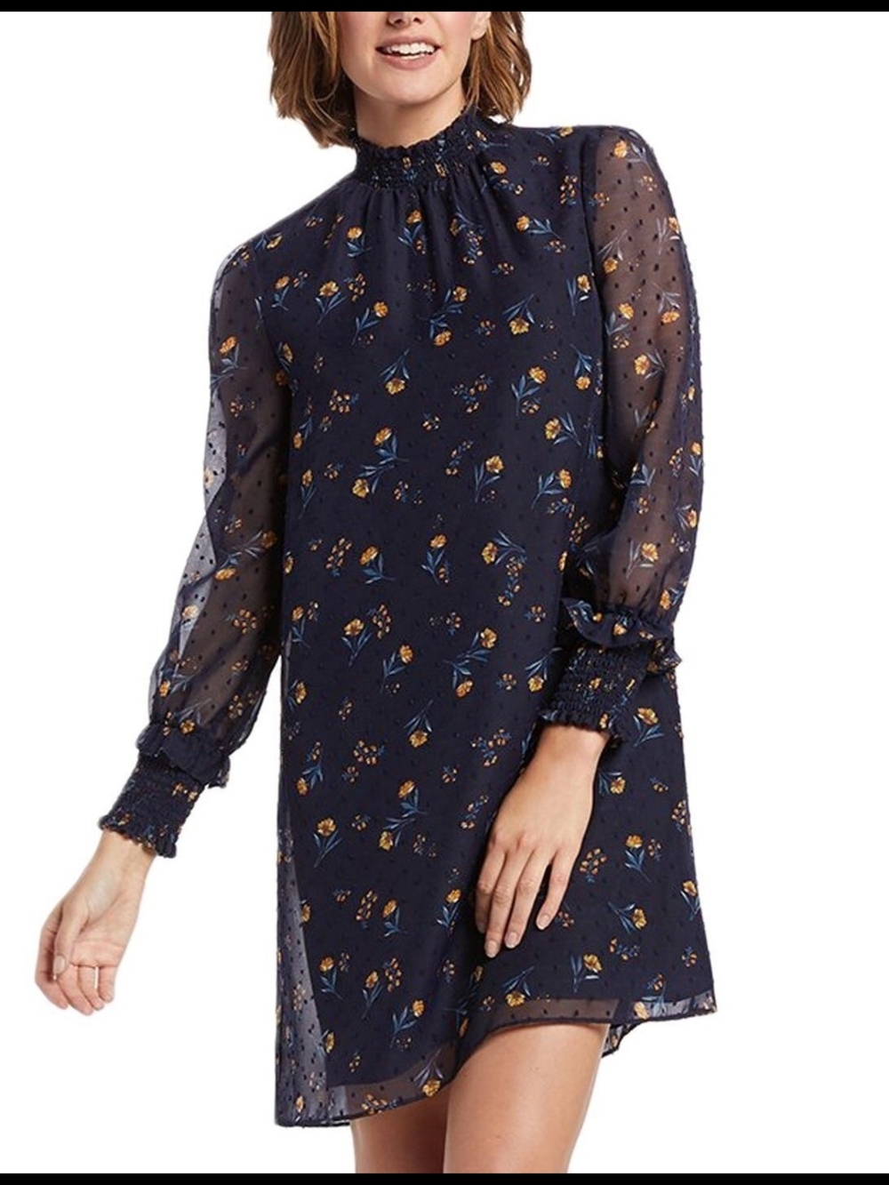 NWT Draper James Floral Swiss Dot Navy Floral Long-Sleeve Smocked Collar Dress
